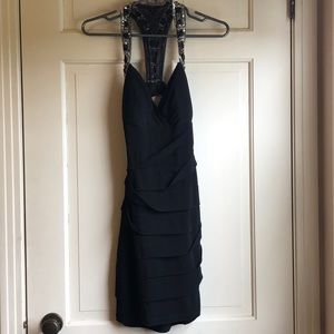 Open back sequin strap little black dress